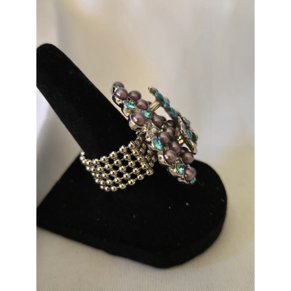 Fashion Ring Blue Enamel Rhinestone Bouquet Flowers Adjustable - Picture 3 of 3
